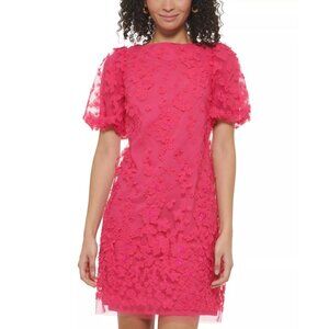 198$ Eliza J 3D Floral-Appliquéd Puff-Sleeve Dress Women's Size 10 Bright Pink